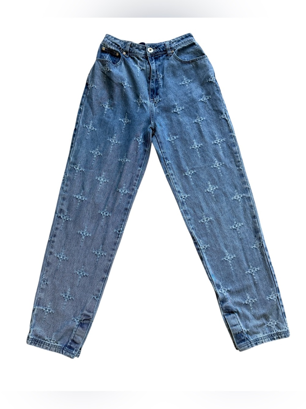 Maniere De Voir Posie Jeans 6 Blue Distressed High Rise Straight Leg Button Fly
